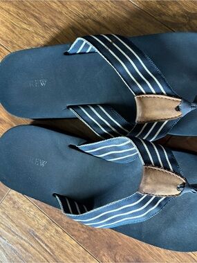 J. Crew Navy Striped Fabric Flip Flops with Brown Leather Accent